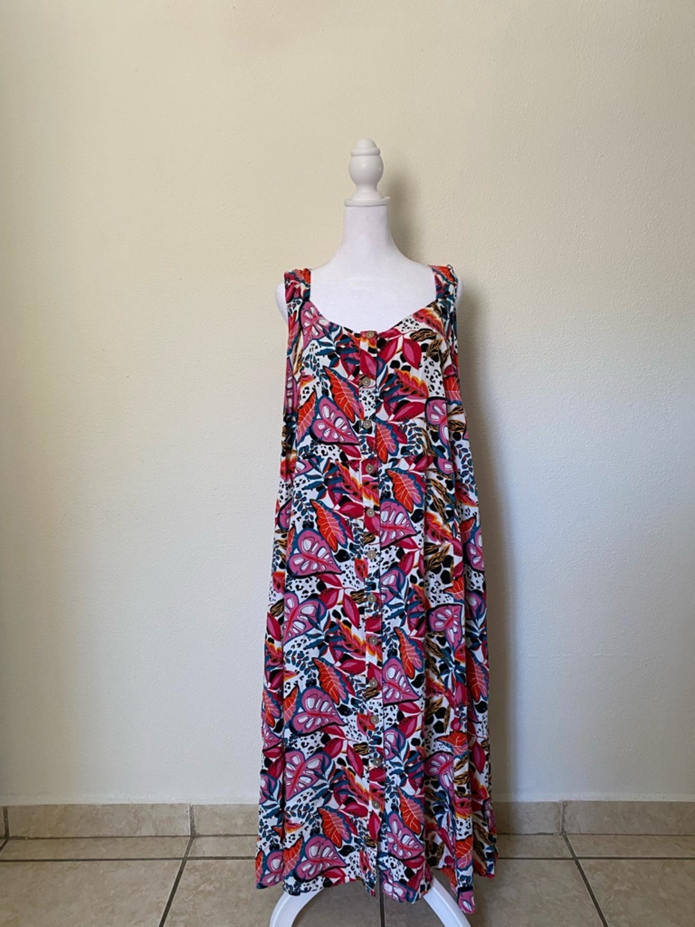 Linen + Limes Floral Maxi Dress 3X Button-Front Tropical Pockets Multicolor Flow
